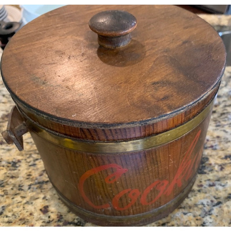 Antique Wooden cookie jar with lid and handle