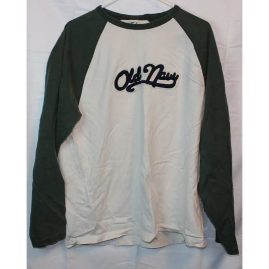 Vintage Old Navy White/Green Spell Out Rugby Shirt Long Sleeve Men's Size Large