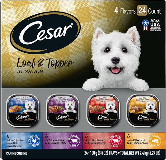 CESAR Adult Wet Dog Food Loaf in Sauce 3.5 oz. Easy Peel Trays, Pack of 24