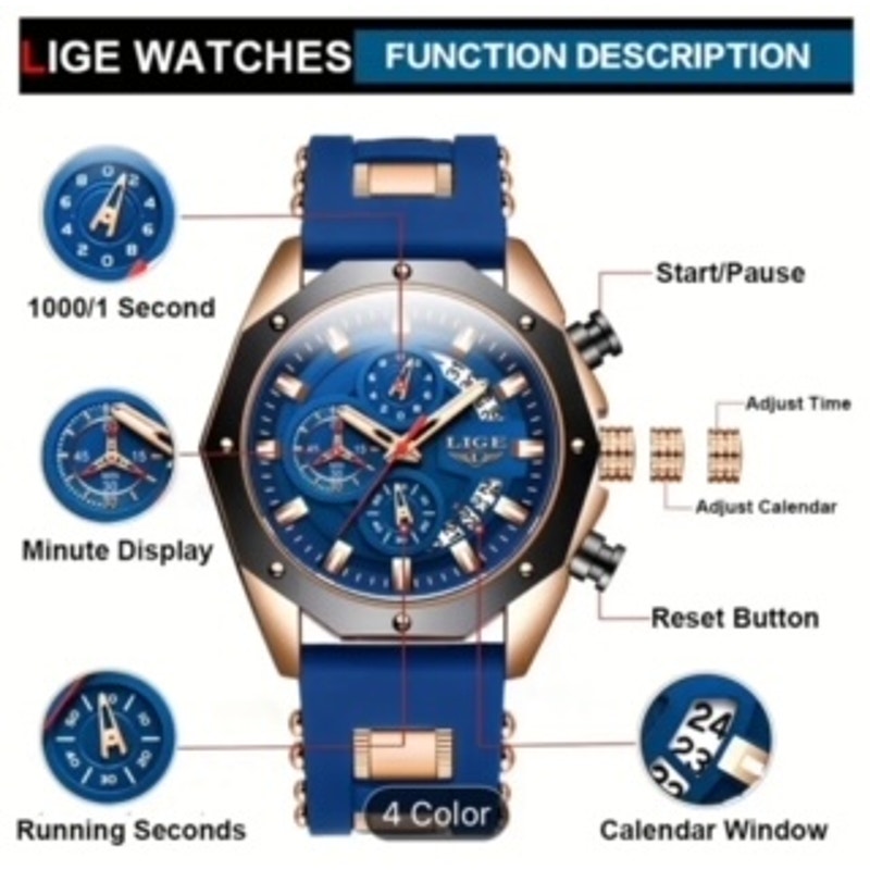 2024 Premium LIGE Men's Round Chronograph Watch